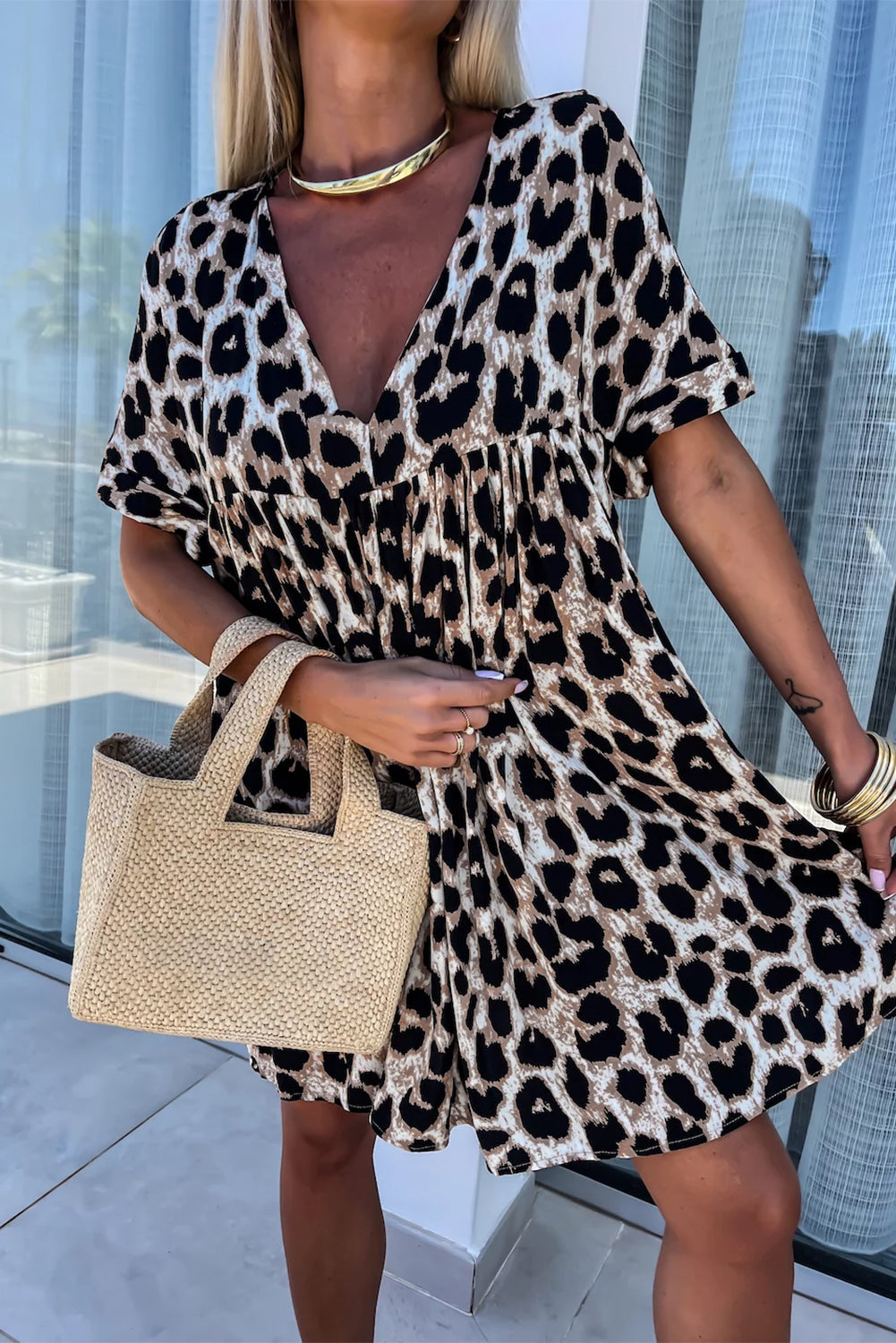 Cheetah Print Backless V Neck Loose Fit Mini Dress