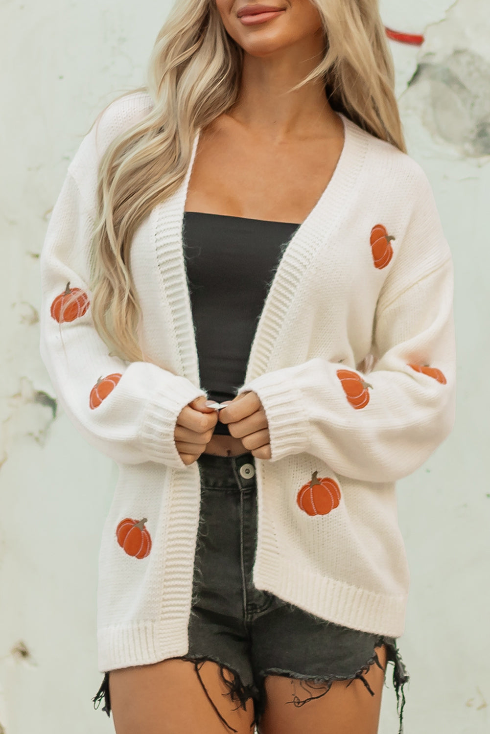 Pumpkin Print Open Front Drop Shoulder Midi Cardigan