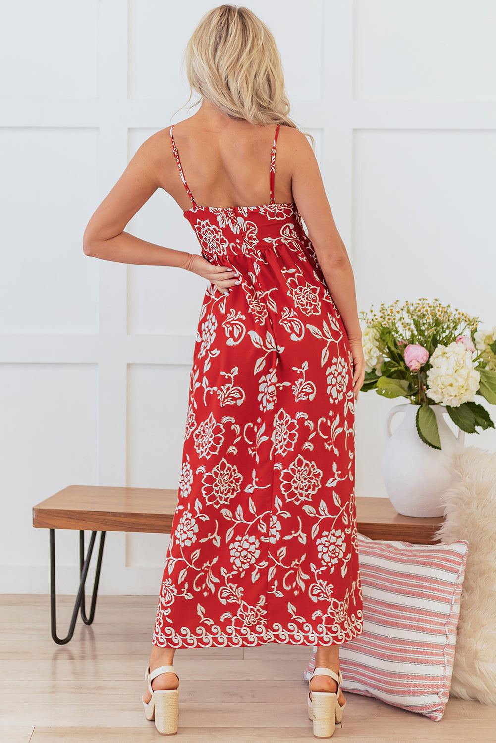 Floral Printed Spaghetti Strap Empire Waist Maxi Dress