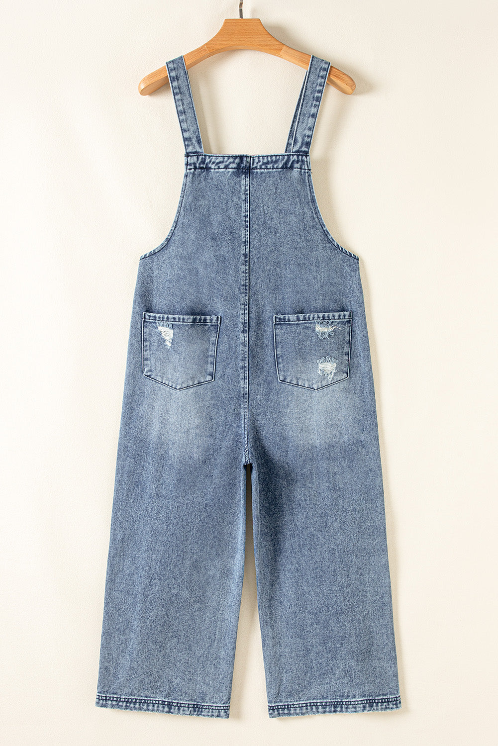 Distressed Bib Pocket Wide Leg Denim Overall