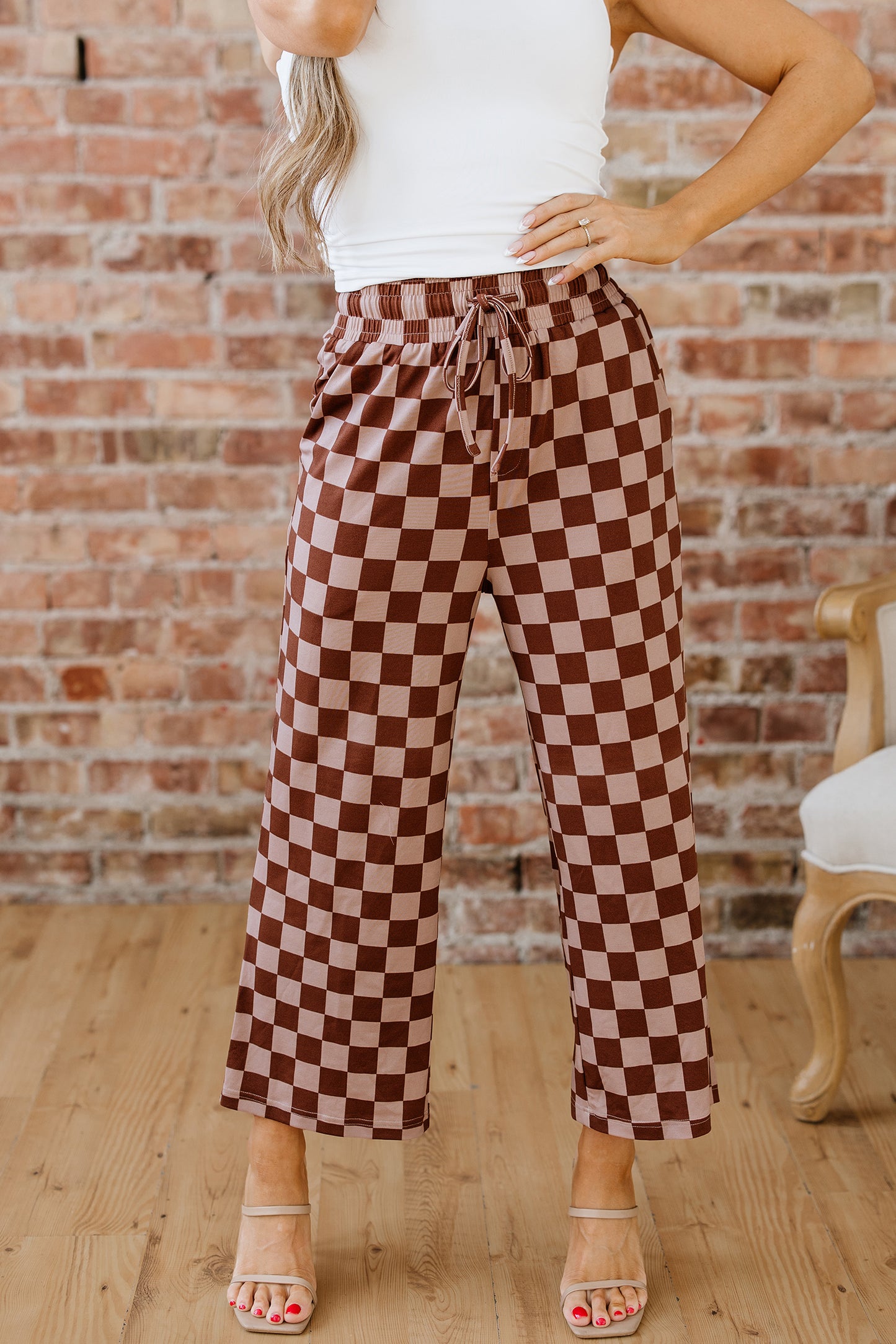 Checkered Elastic High Waist Loose Casual Pants