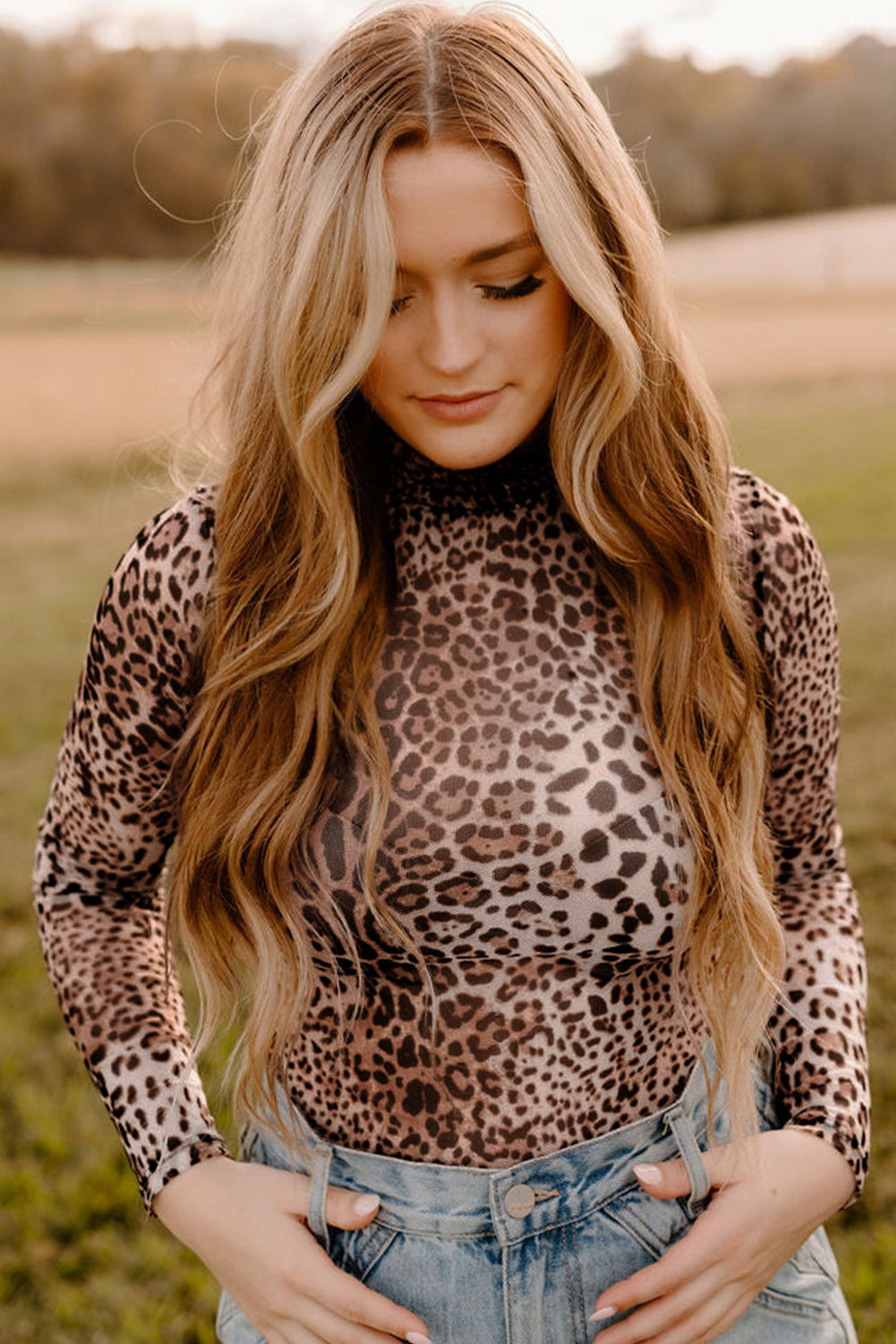 Leopard Smocked Neck Mesh Long Sleeve Bodysuit