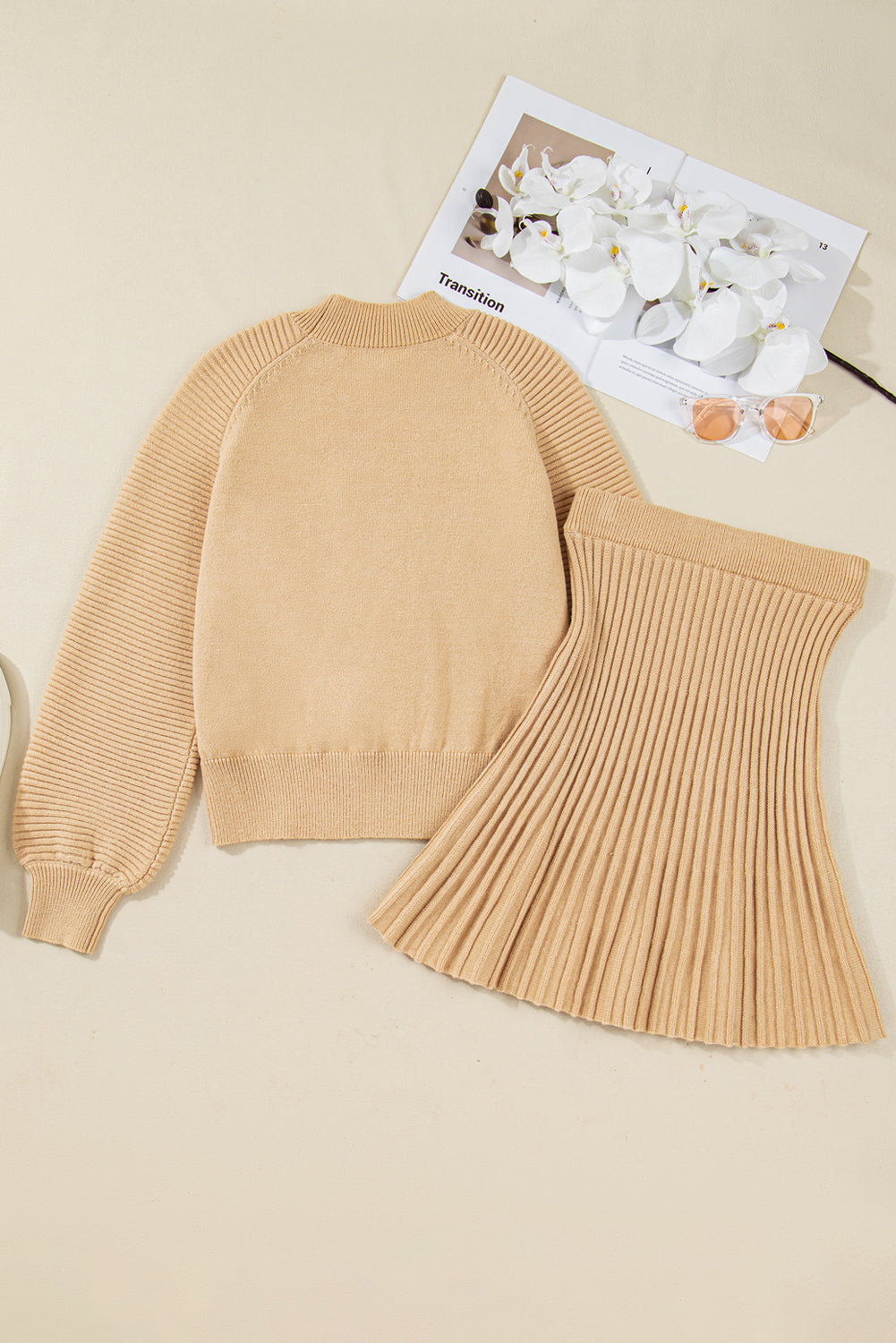 High Neck Puff Sleeve Sweater Pleated Mini Skirt 2pcs Knitted Outfit