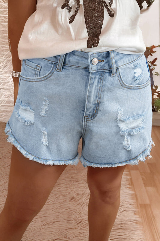 High Rise Distressed Raw Hem Denim Shorts