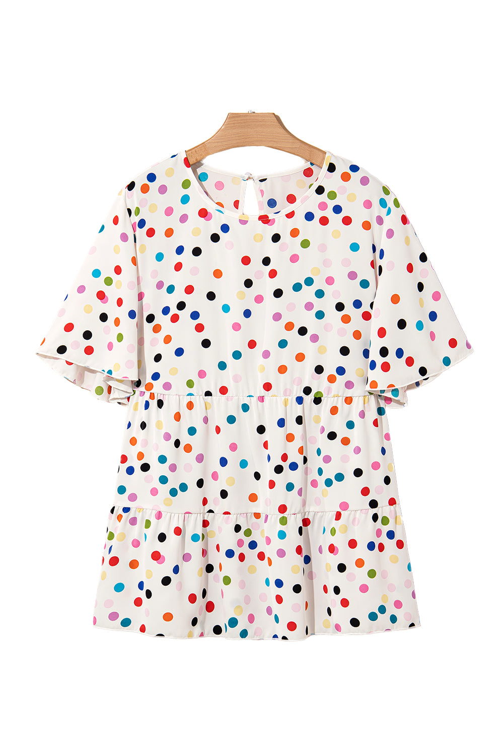 Colorful Polka Dot Print Short Sleeve Ruffled Plus Size Babydoll Blouse