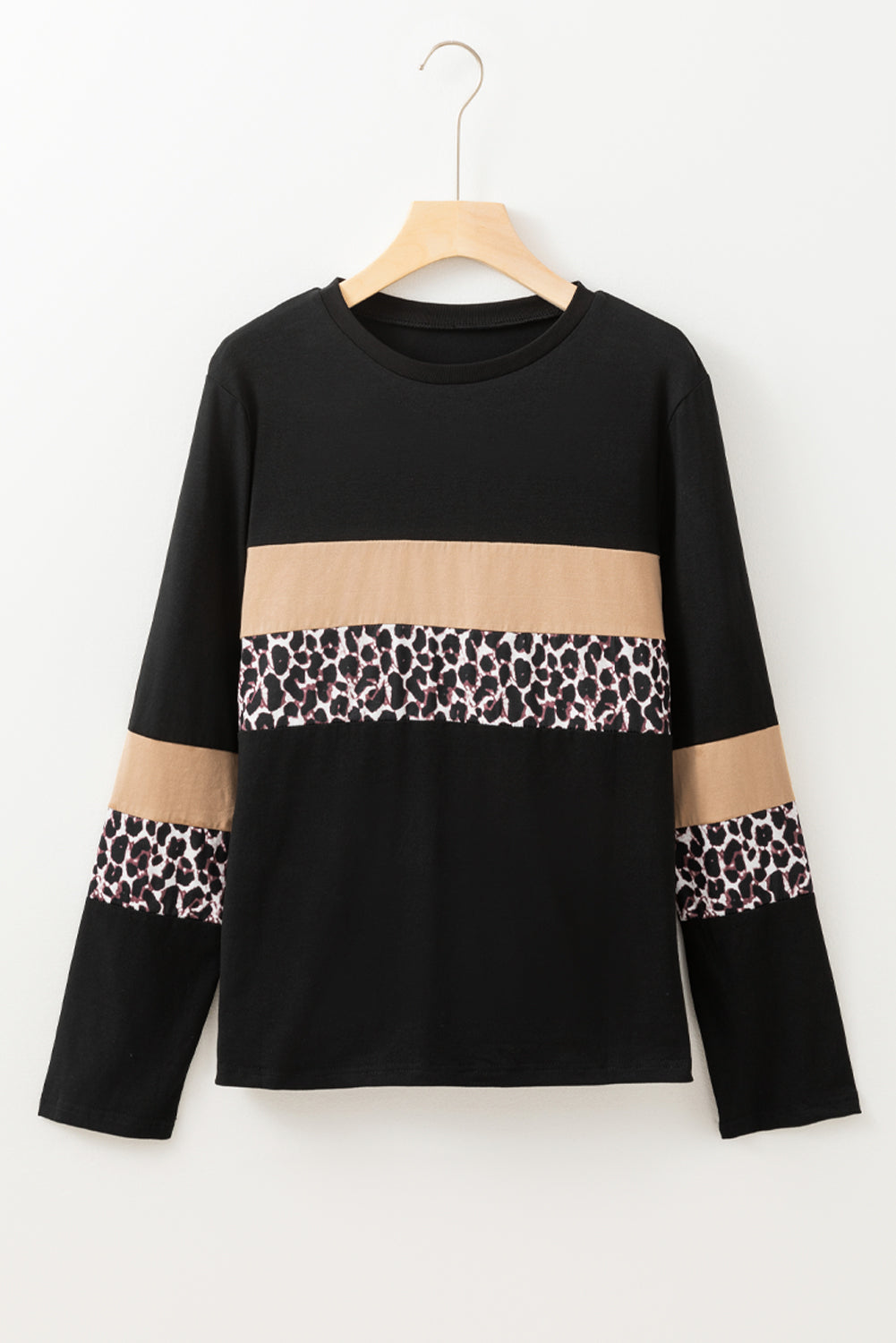 Leopard Colorblock Patchwork Crew Neck Long Sleeve Tee