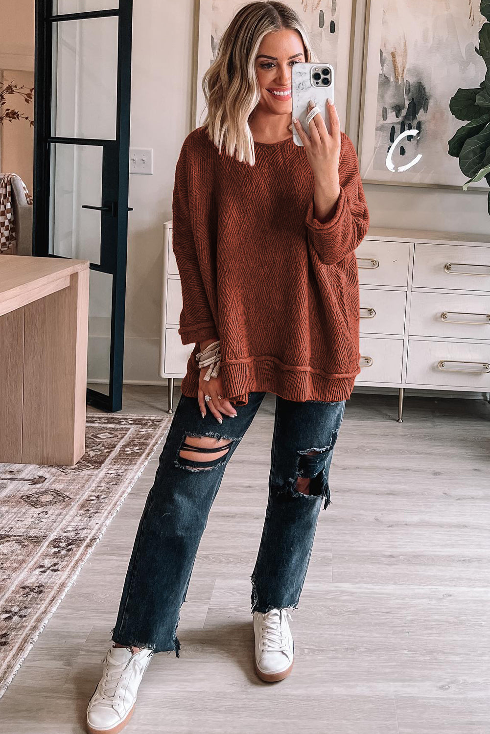 Solid Color Textured Crew Neck Loose Sweater