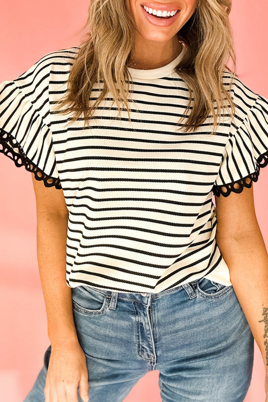 Scallop Lace Trim Ruffle Short Sleeves Crewneck Top