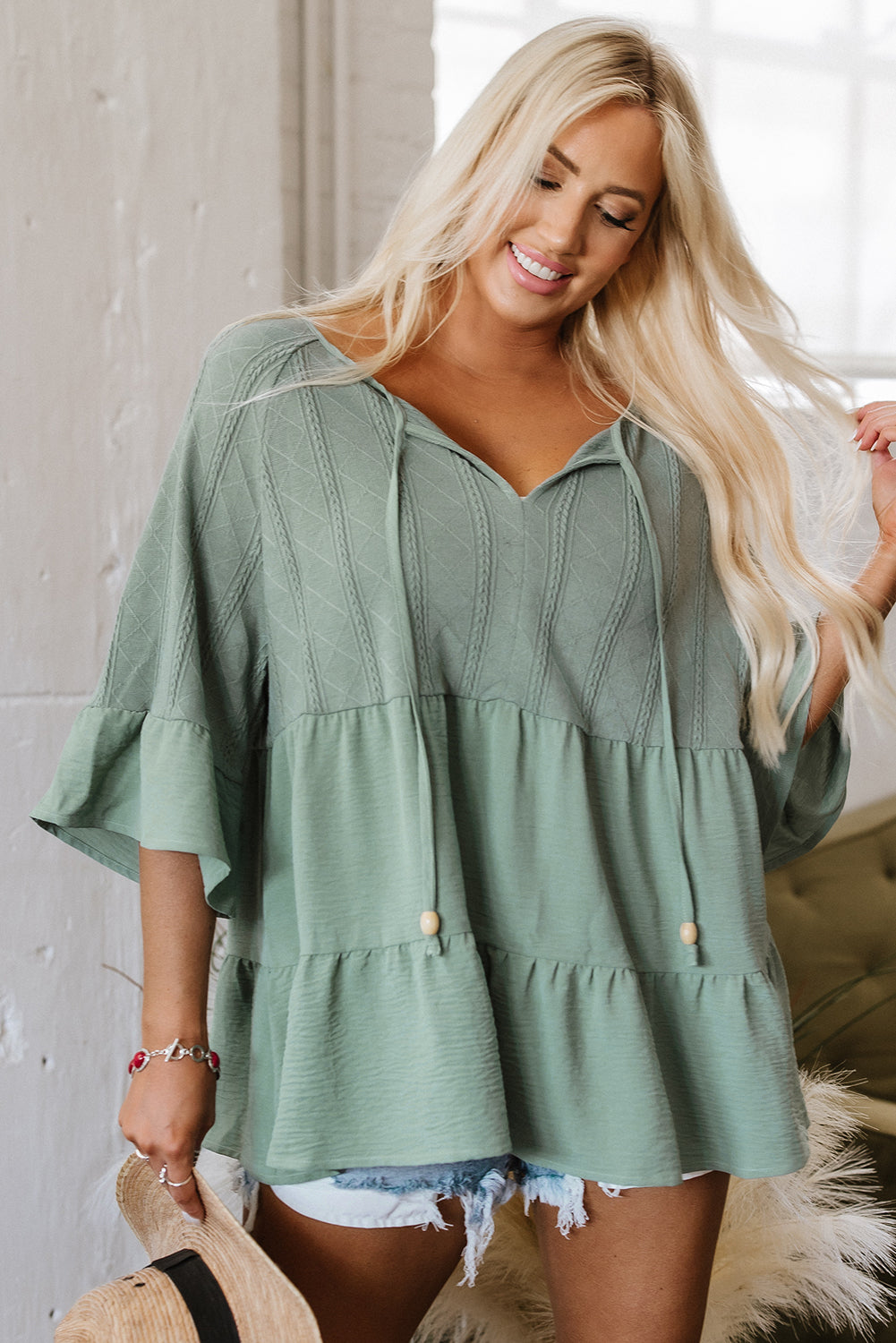 Tie Split Neck Textured Ruffle Patchwork Blouse