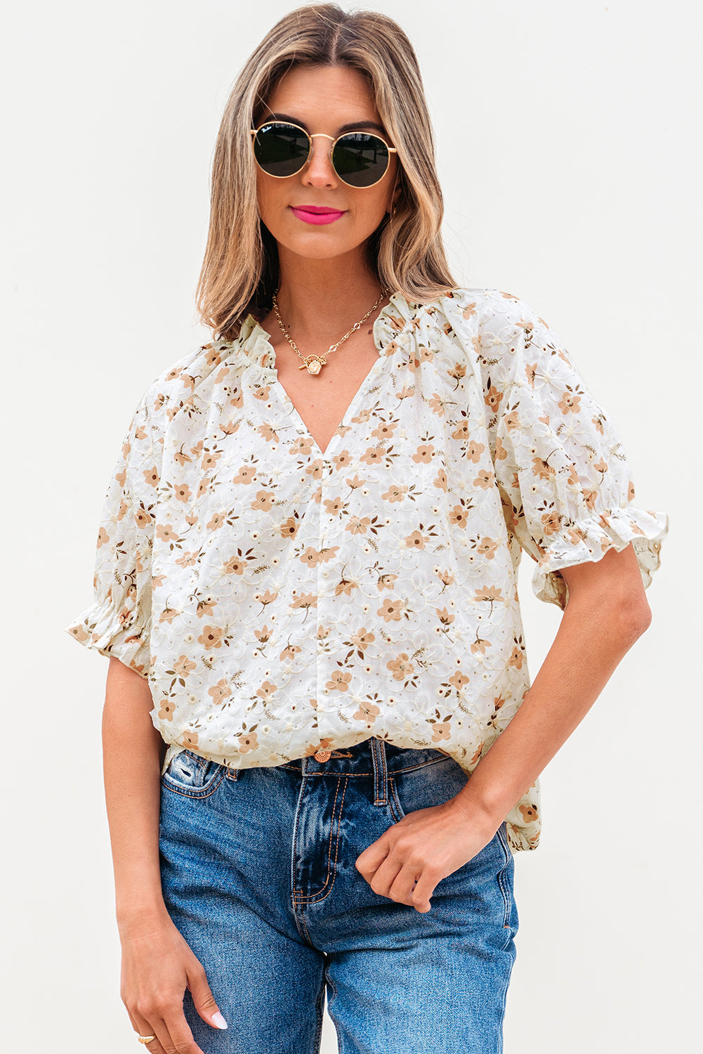 Floral Eyelet Embroidered Puff Sleeve Notch V Neck Blouse