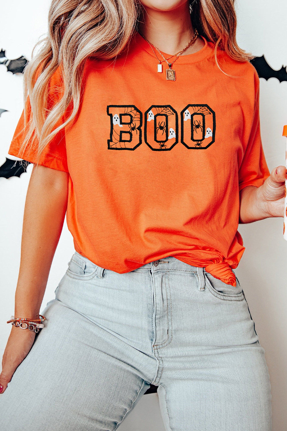 BOO Halloween Ghost Spider Embroidered Graphic Tee