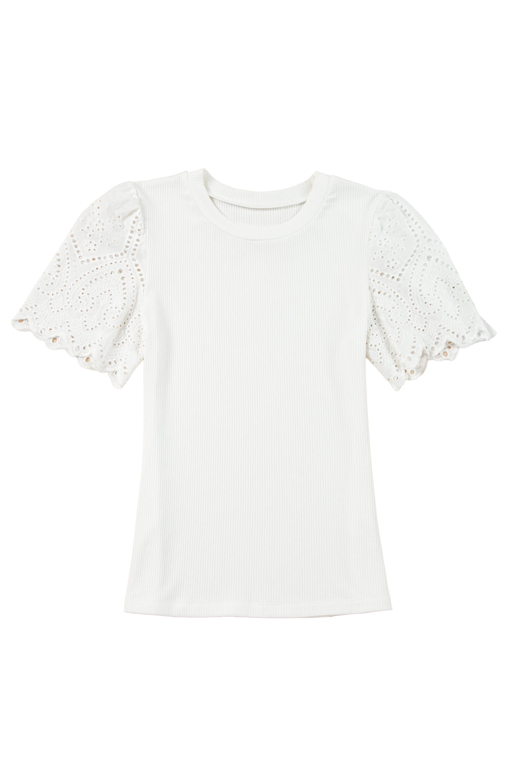 Eyelet Pattern Short Sleeve Patchwork Ribbed Top