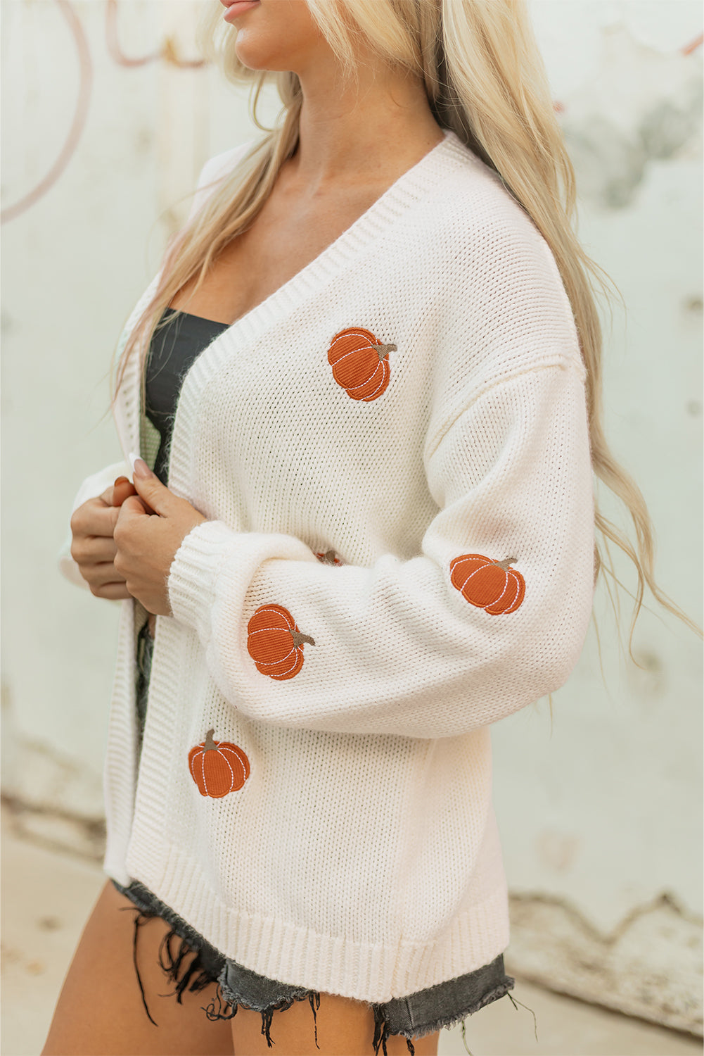 Pumpkin Print Open Front Drop Shoulder Midi Cardigan