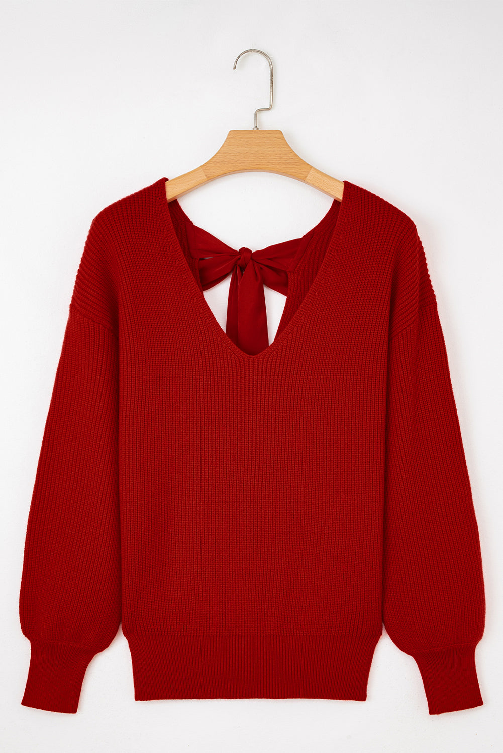 Lantern Sleeve V Neck Knot Back Sweater