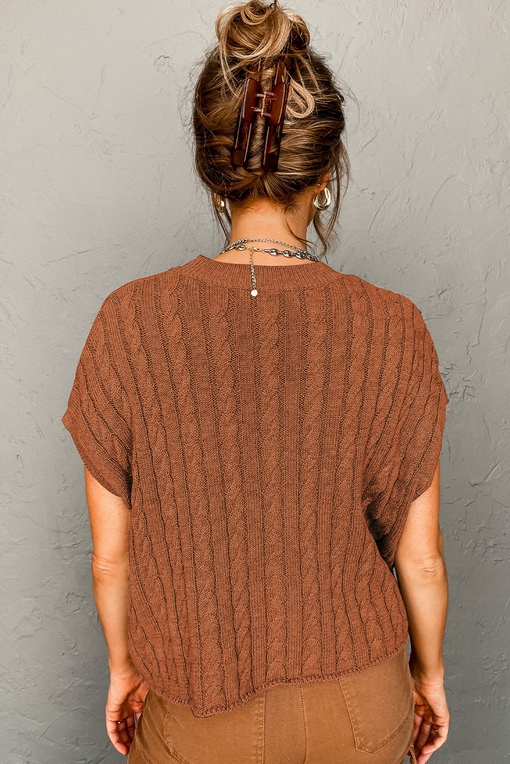 Crew Neck Cable Knit Short Sleeve Sweater