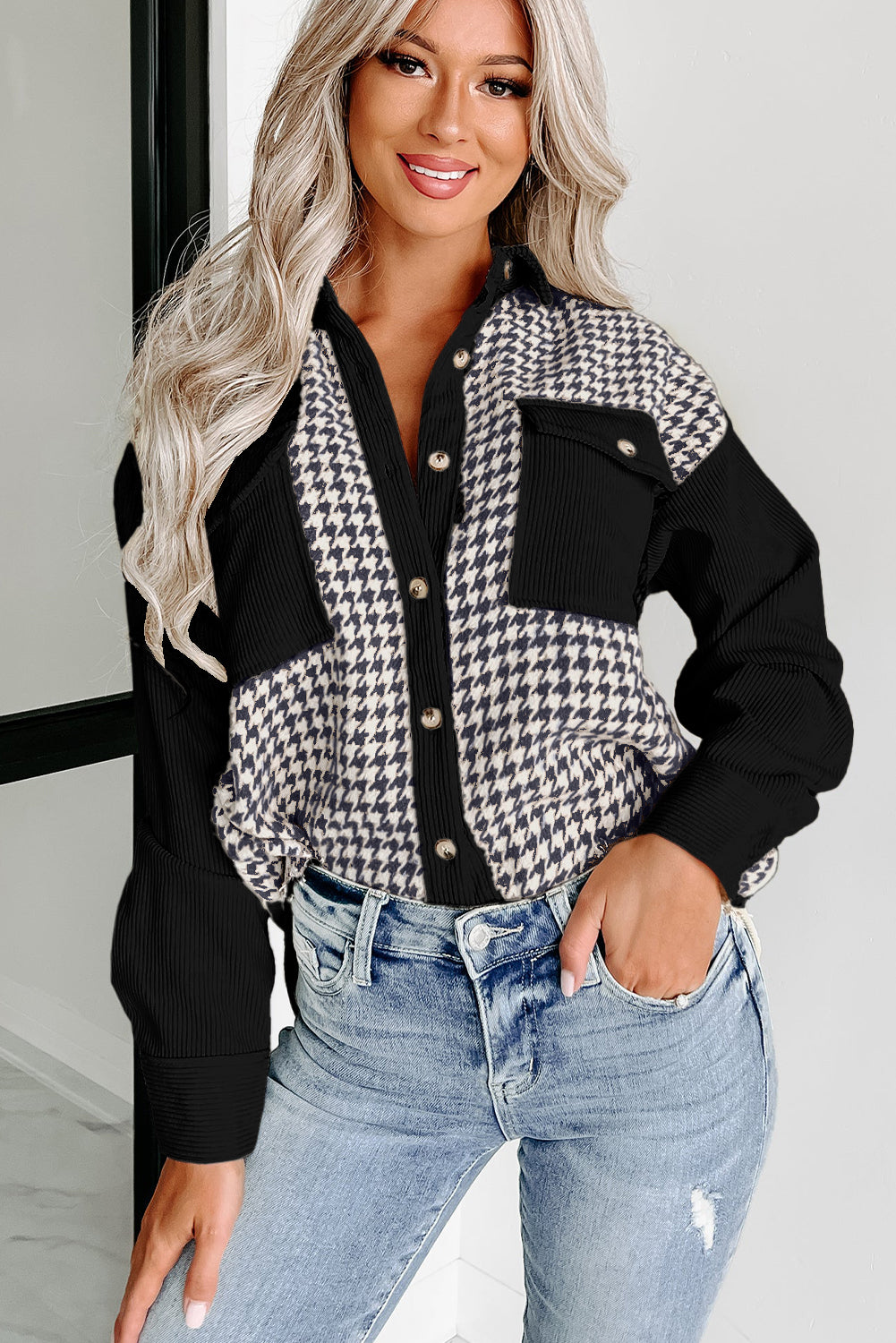 Houndstooth Corduroy Patchwork Flap Pocket Shacket