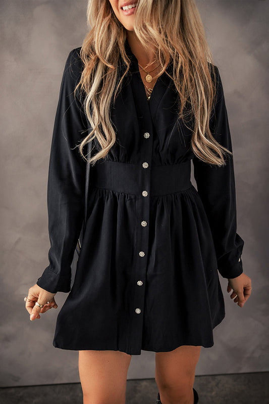 Elastic Cinched High Waist Long Sleeve Shirt Mini Dress