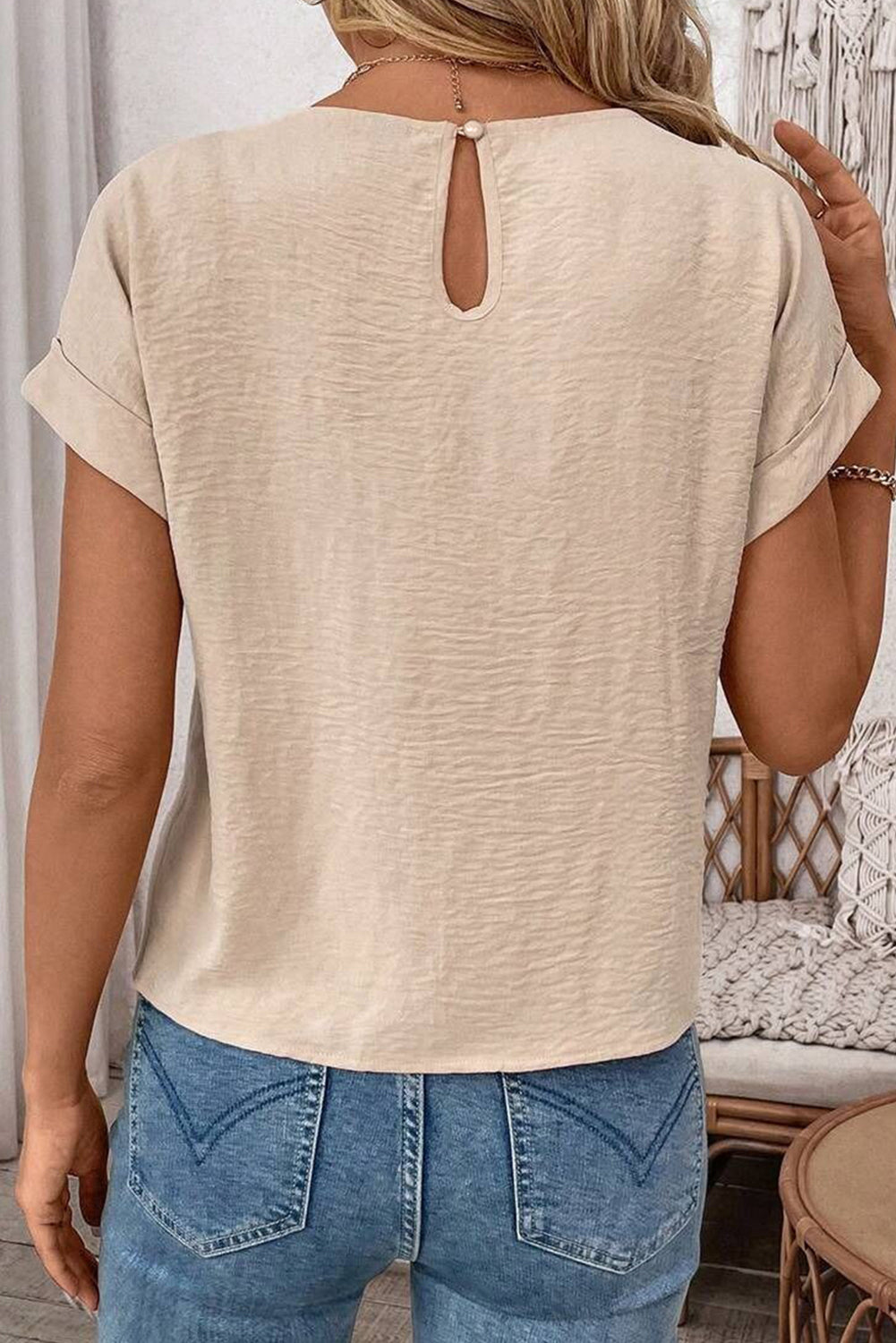 Solid Color Knotted Hem Short Sleeve Blouse