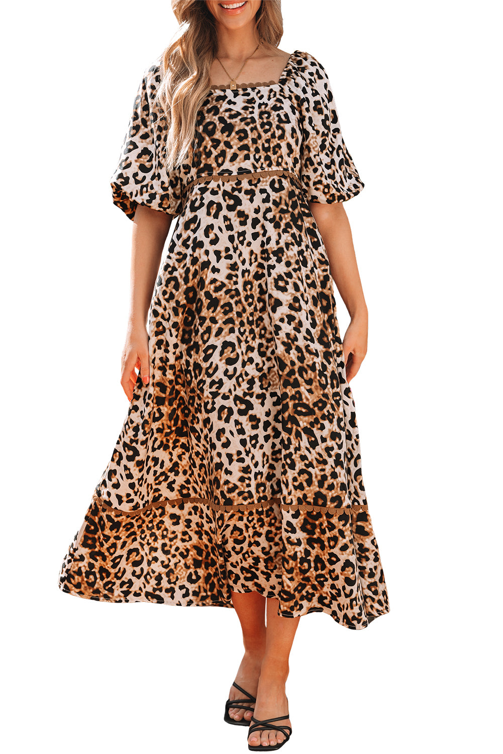 Leopard Print Bubble Sleeve Square Neck Maxi Dress