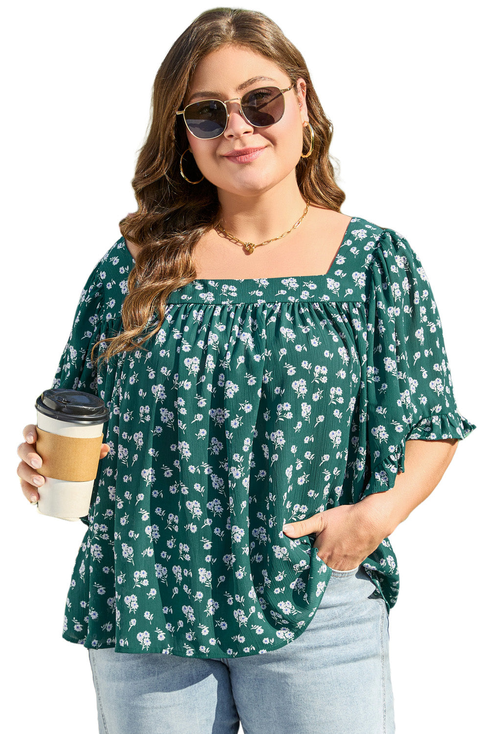 Floral Print Square Neck Ruffled Trim Plus Size Blouse