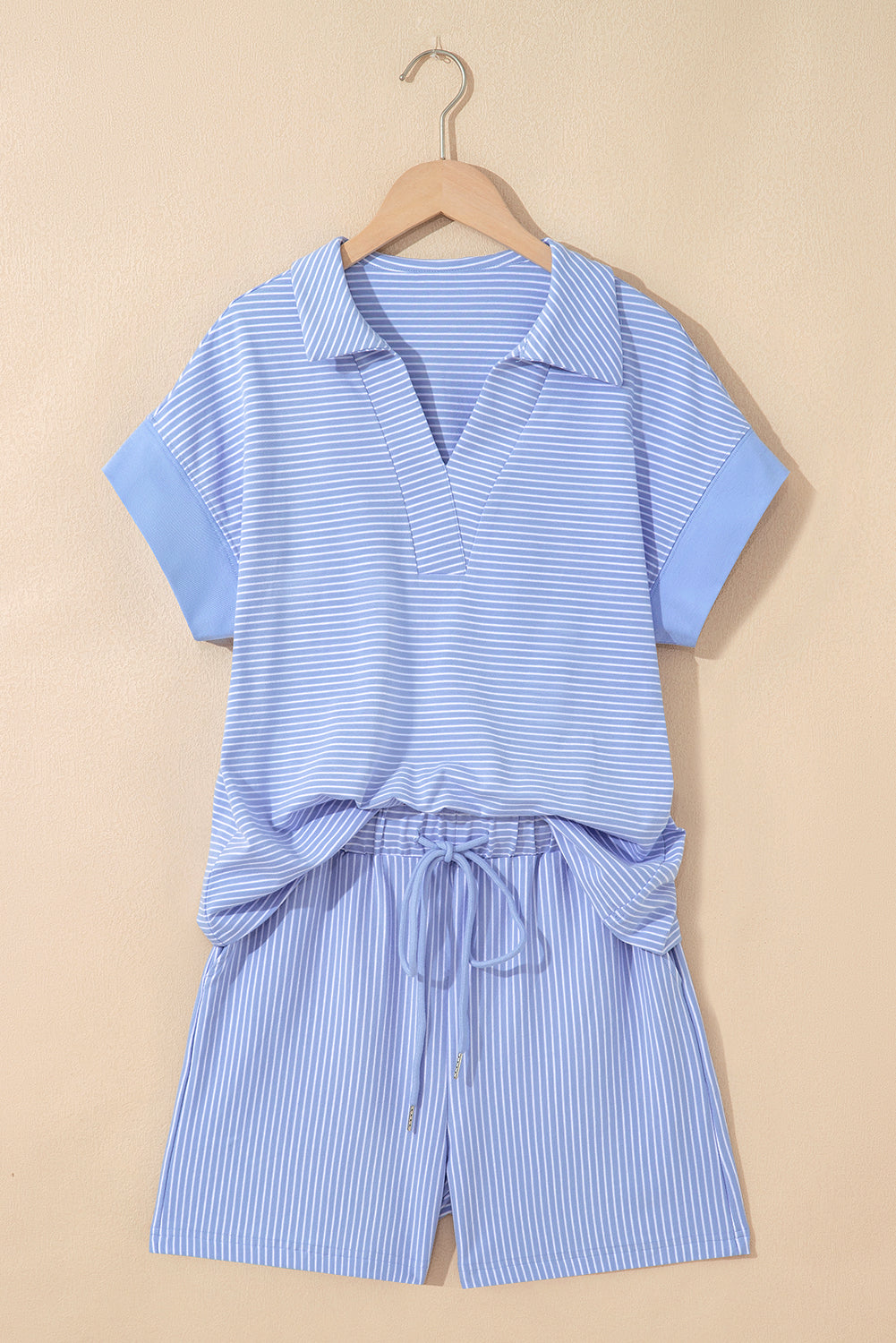 Stripe Dolman Sleeve Polo Shirt and Drawstring Shorts Set
