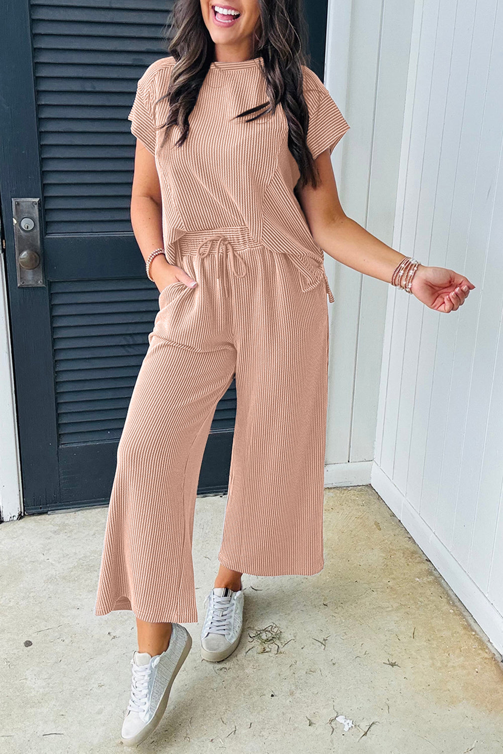 Solid Corded Knit Short Sleeve T Shirt and Wide Leg Pants Set