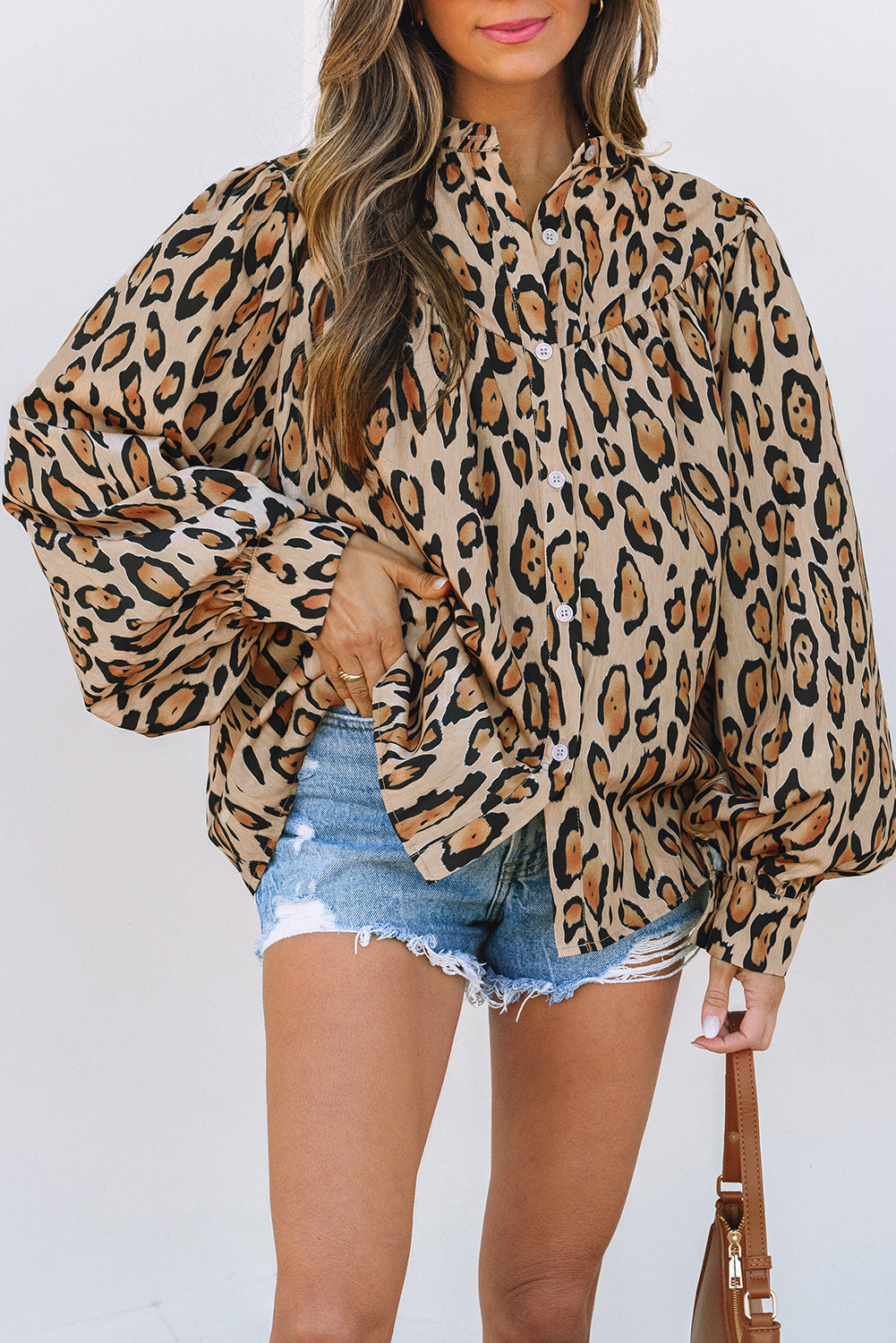 Oversized Leopard Print Balloon Sleeve Casual Shirt