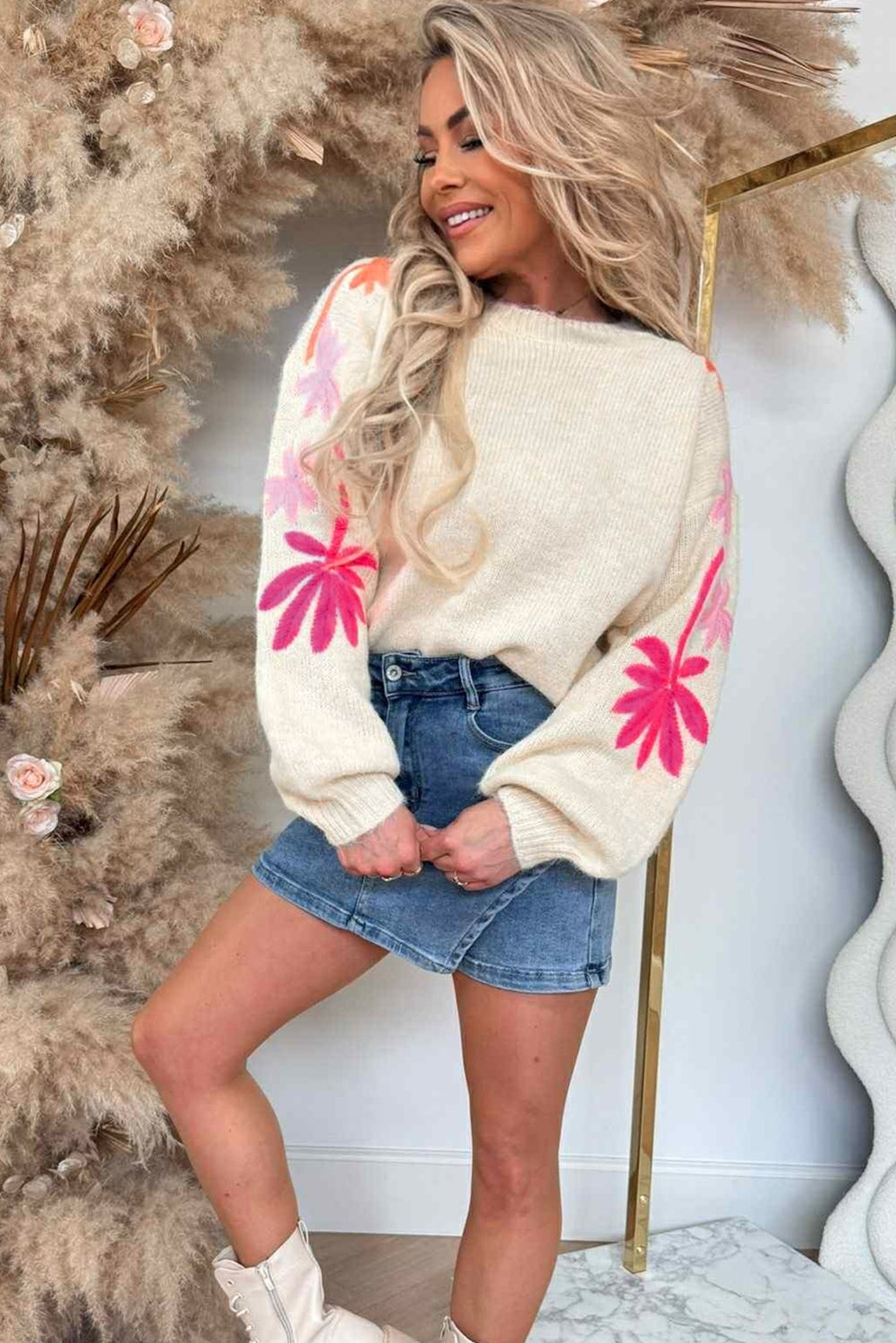 Embroidered Floral Sleeve Round Neck Loose Sweater