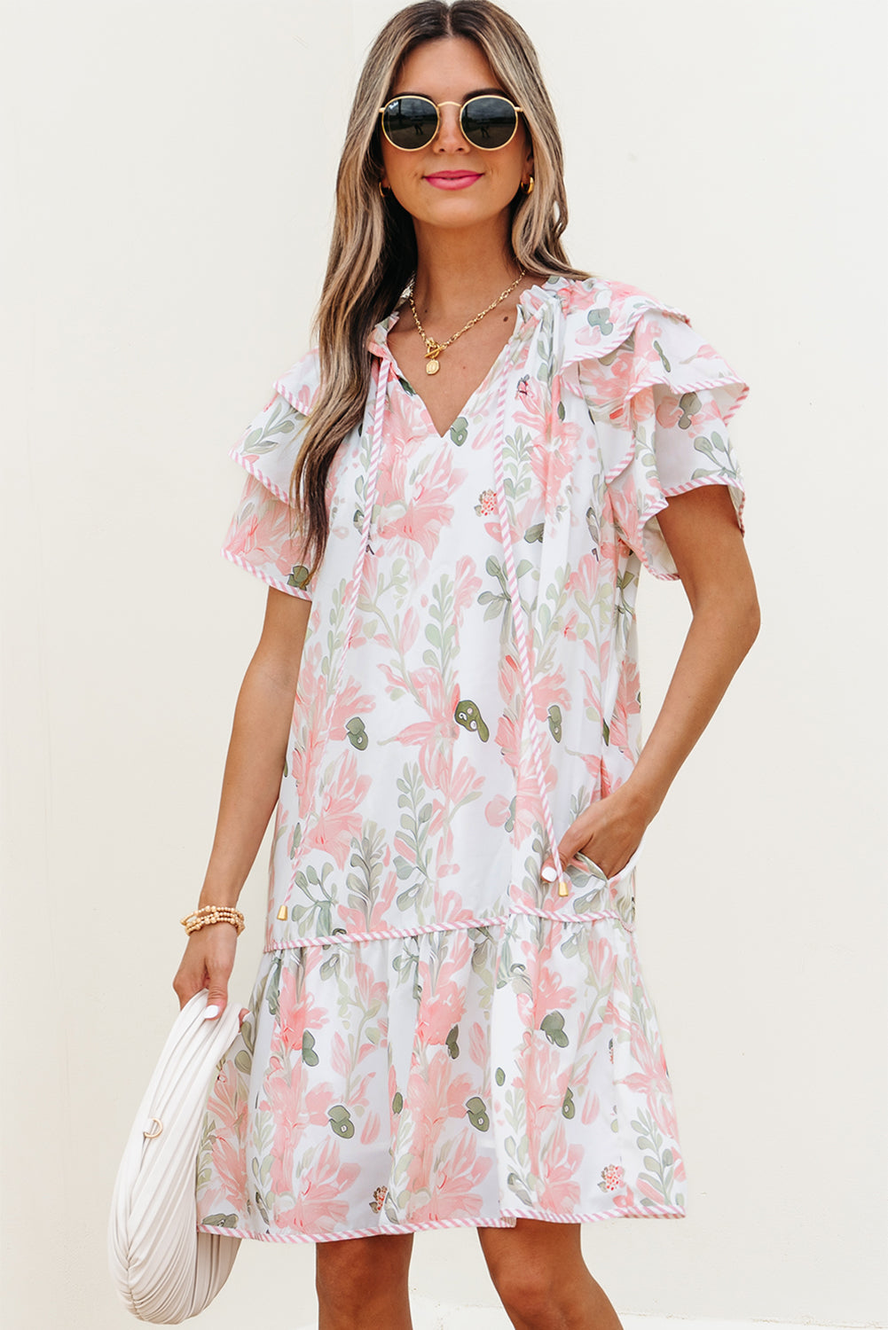 Floral Contrast Edge Layered Short Sleeve Mini Dress