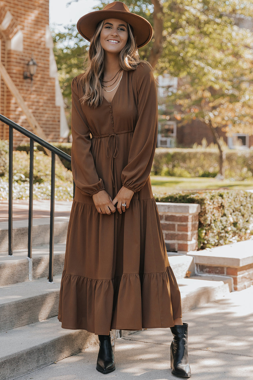 Solid Long Sleeve Button V Neck Tiered Maxi Dress