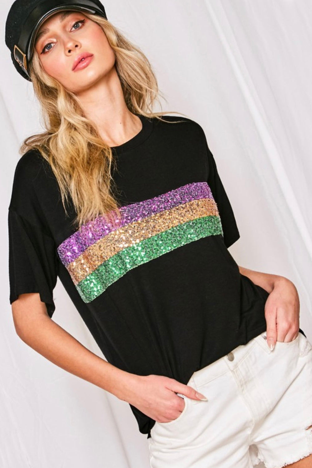 Sequin Stripes Patchwork Mardi Gras Crew Neck T Shirt