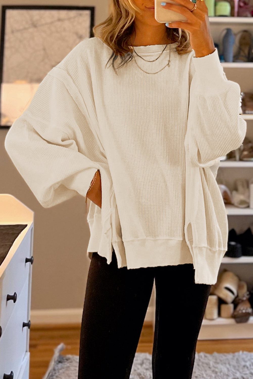 Waffle knit Bishop Sleeve Split Oversized Top