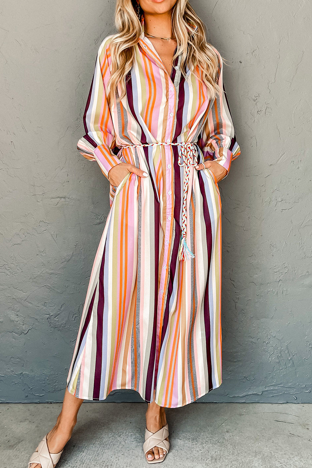 Multicolor Striped Cuffed Sleeve Tassel Tied Shirt Maxi Dress