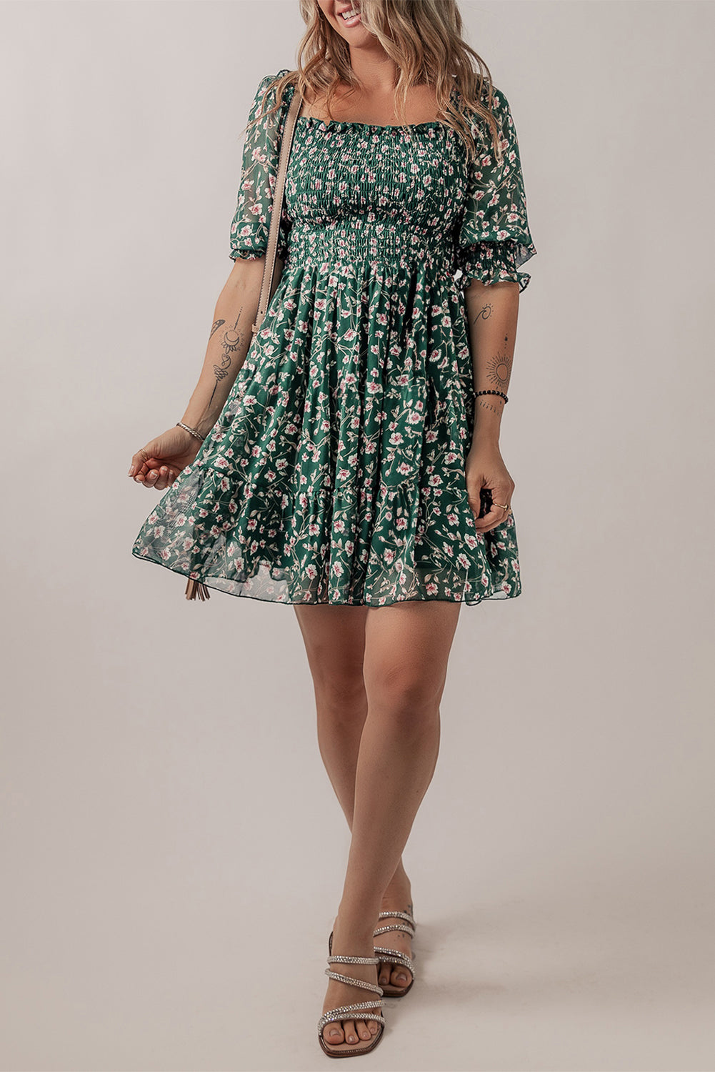 Smocked Square Neck Puff Short Sleeve Floral Dress