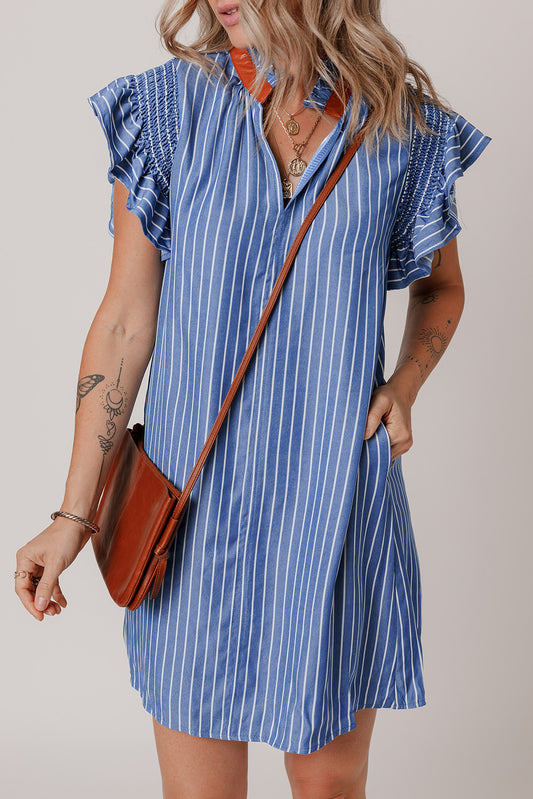 Stripe Frilly Split Neck Shirred Ruffle Sleeve Short Shift Dress