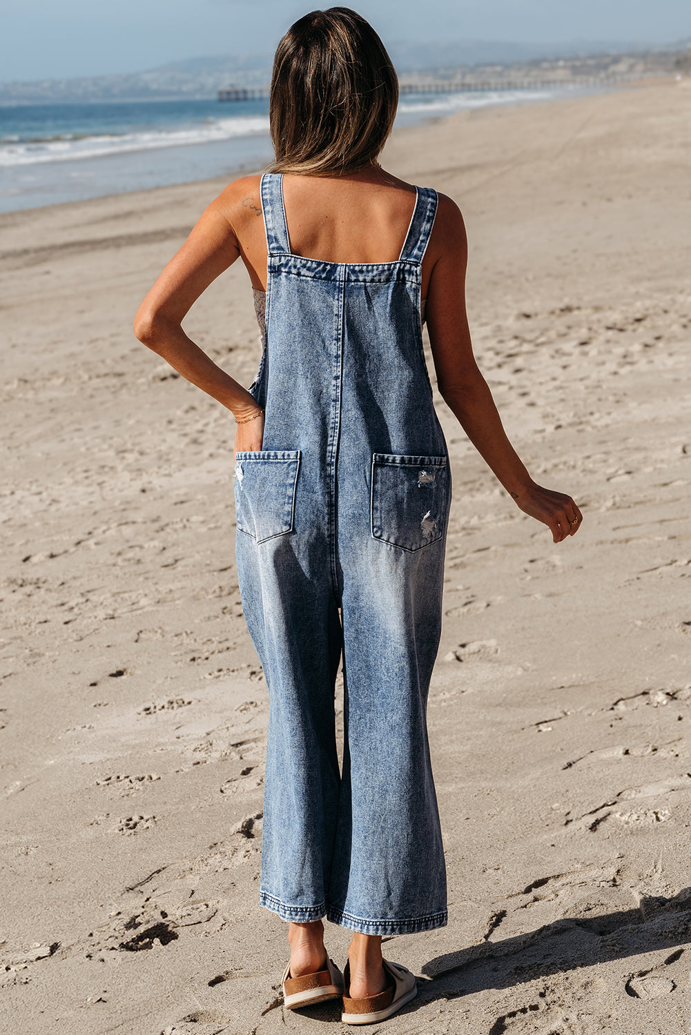 Distressed Bib Pocket Wide Leg Denim Overall