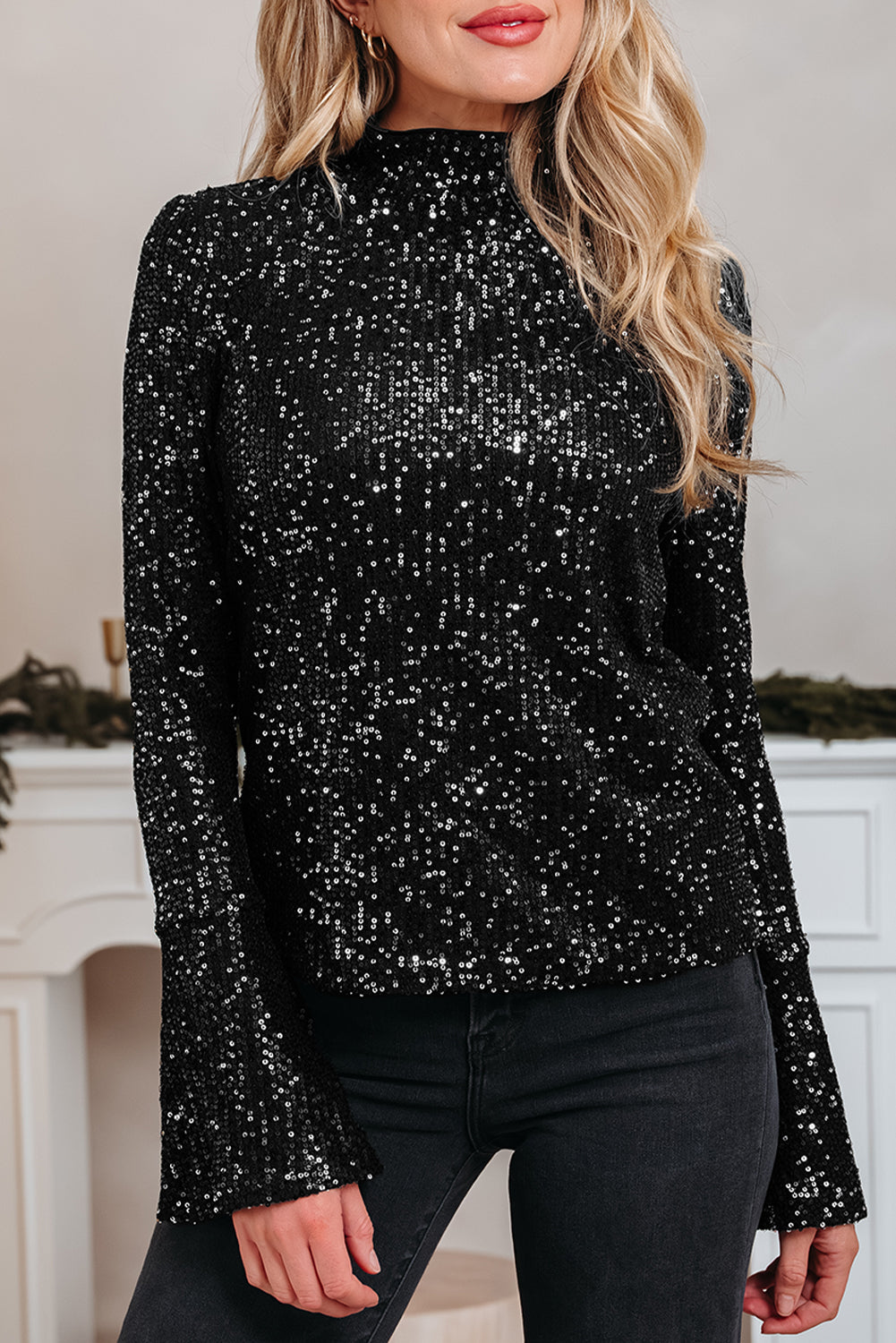 Sequin Mock Neck Drape Open Back Bell Sleeve Top