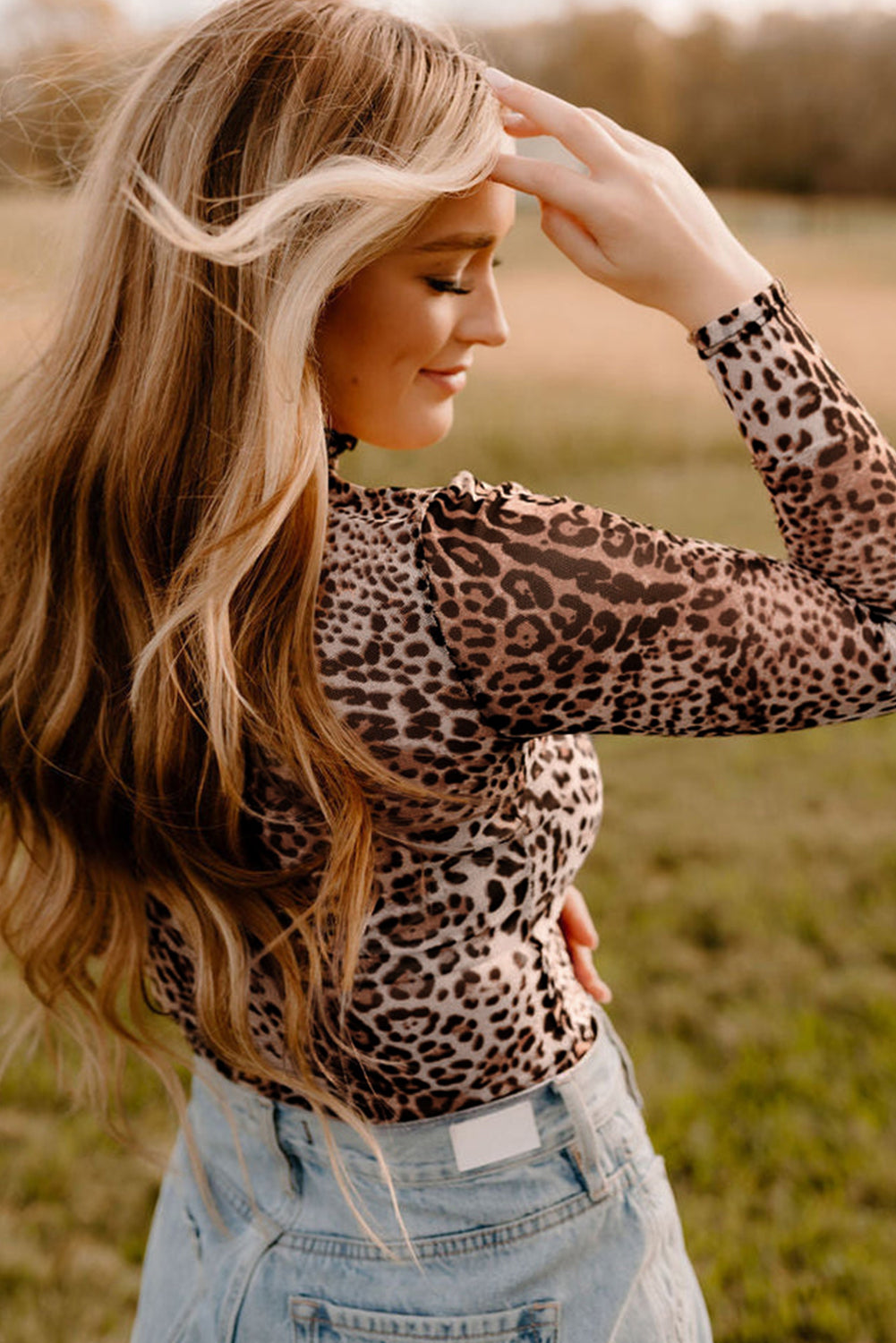 Leopard Smocked Neck Mesh Long Sleeve Bodysuit