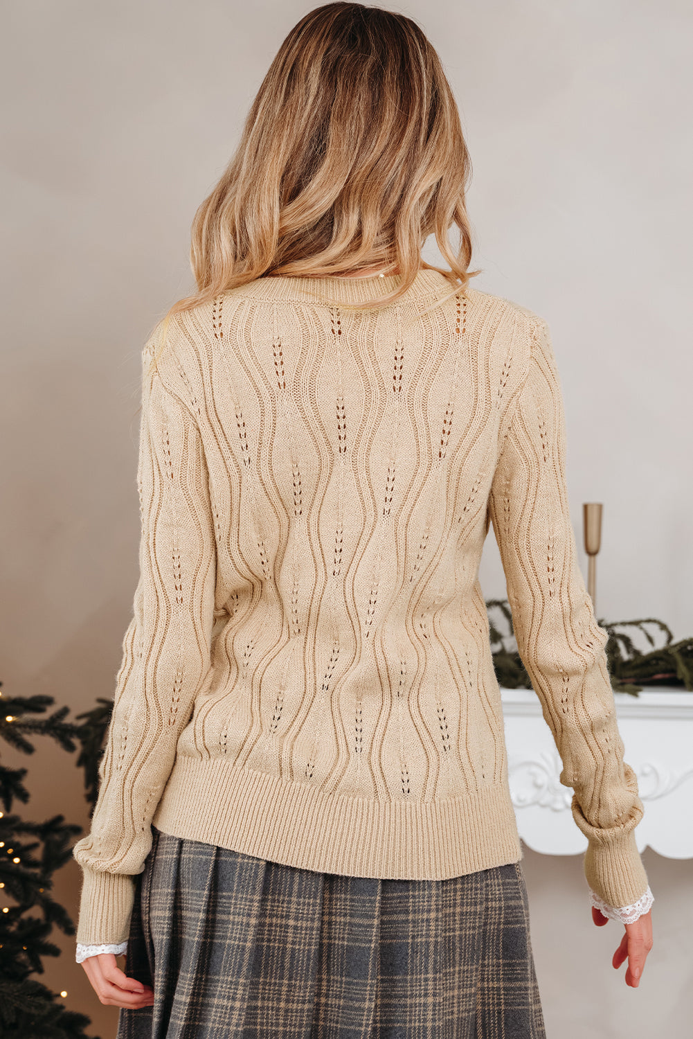 Pearl Beaded Pointelle Knit V Neck Lace Patchwork Sleeve Sweater