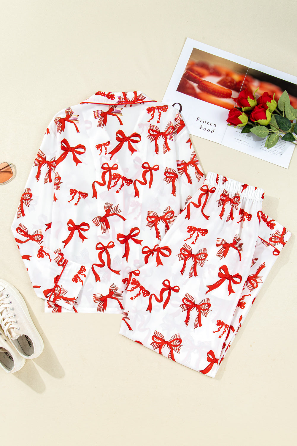 Christmas Bow Print Long 2pcs Pajama Set