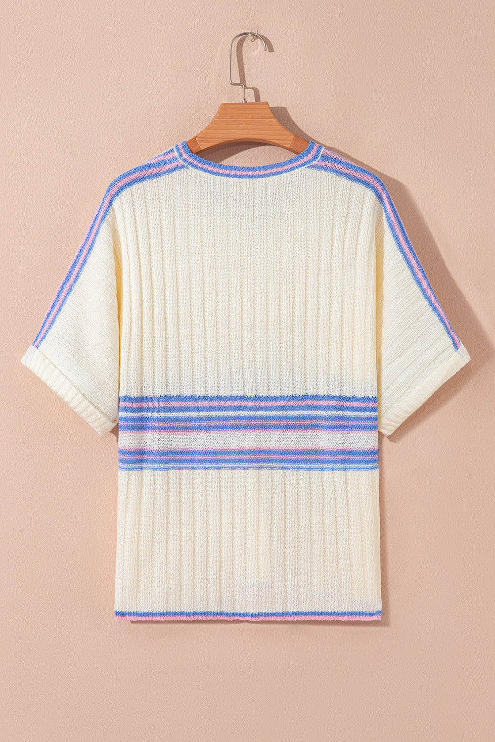 Striped V Neck Dolman Sleeve Rib Knit Oversized Sweater with Slits