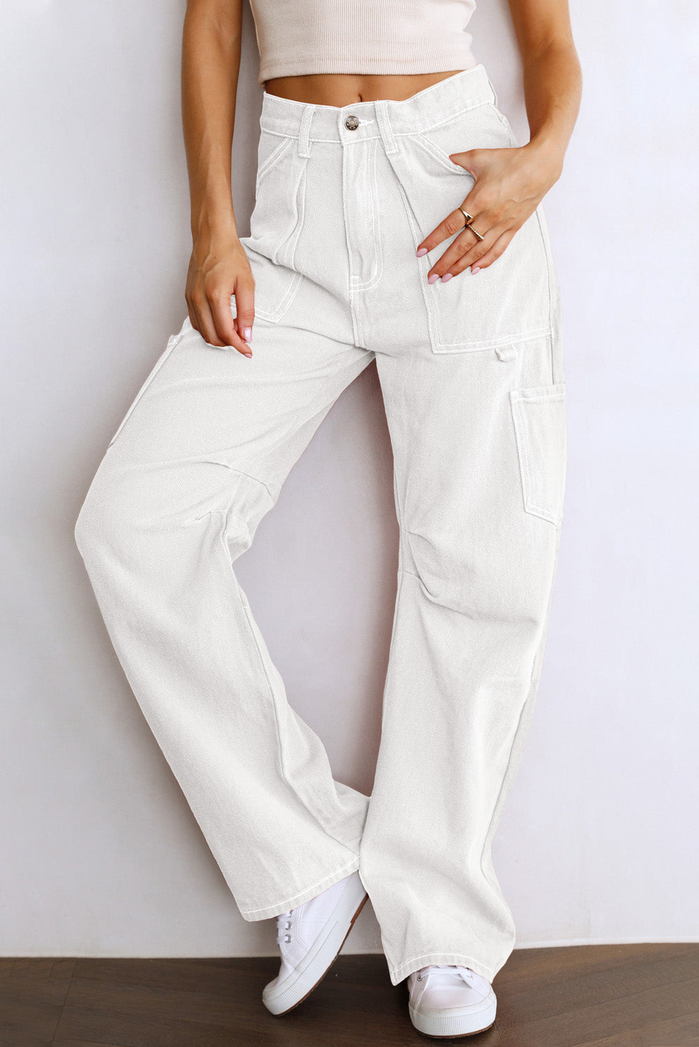 High Waist Straight Leg Cargo Pants with Pockets