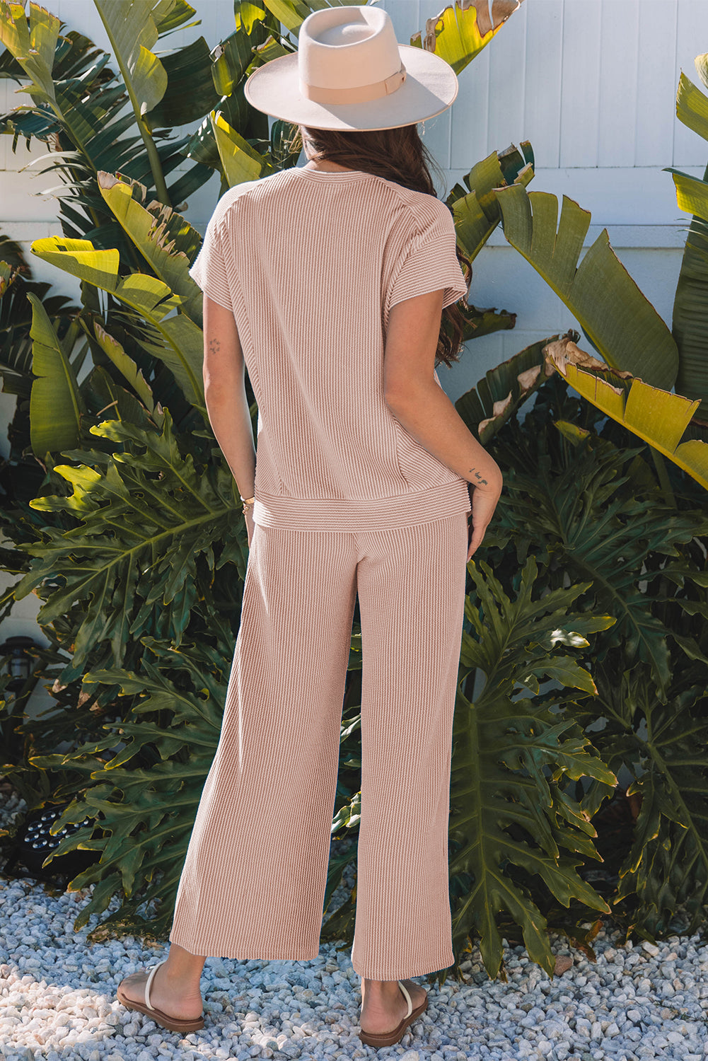 Solid Corded Knit Short Sleeve T Shirt and Wide Leg Pants Set