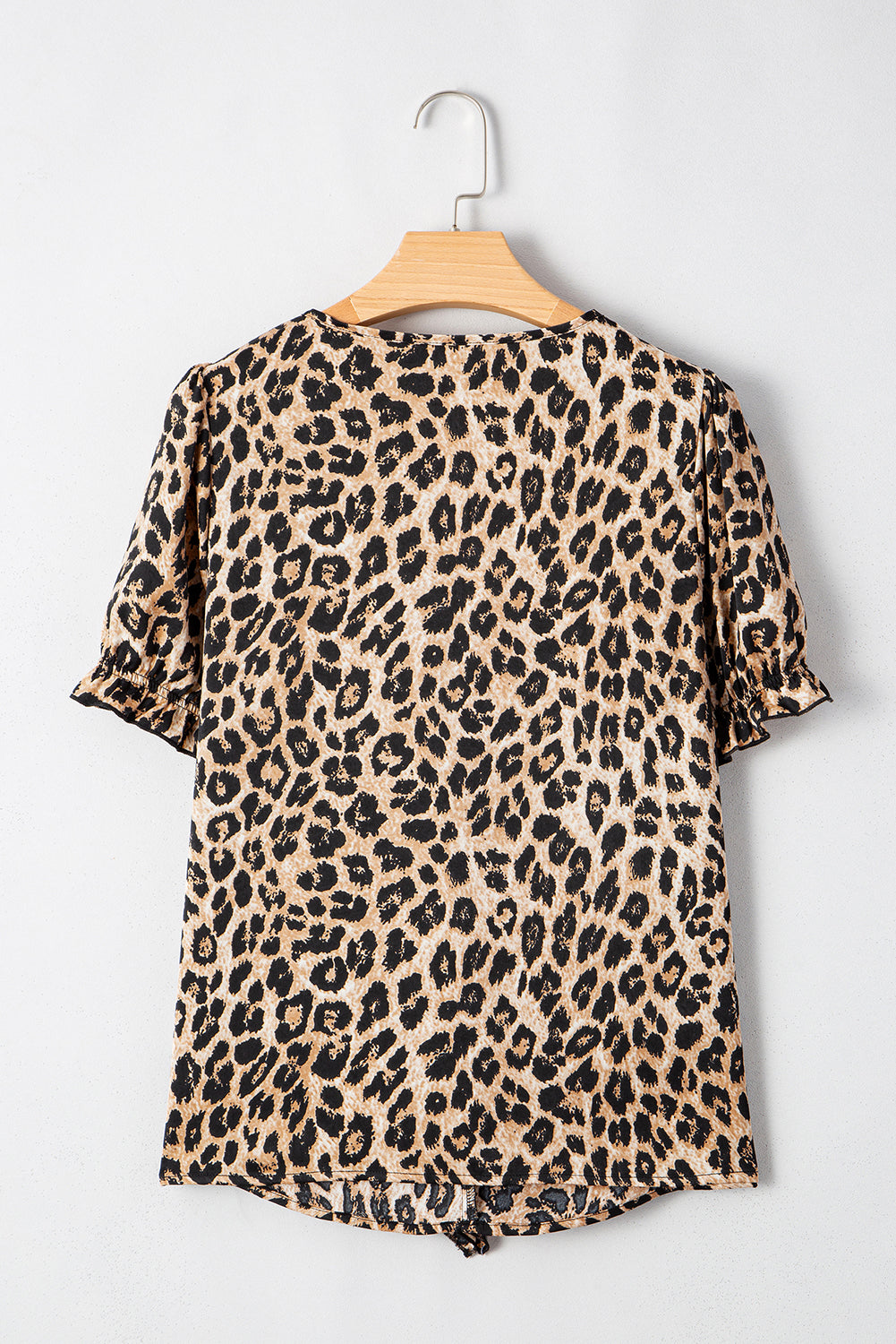 Leopard Ruffled Neck Cascading Puff Short Sleeve Top