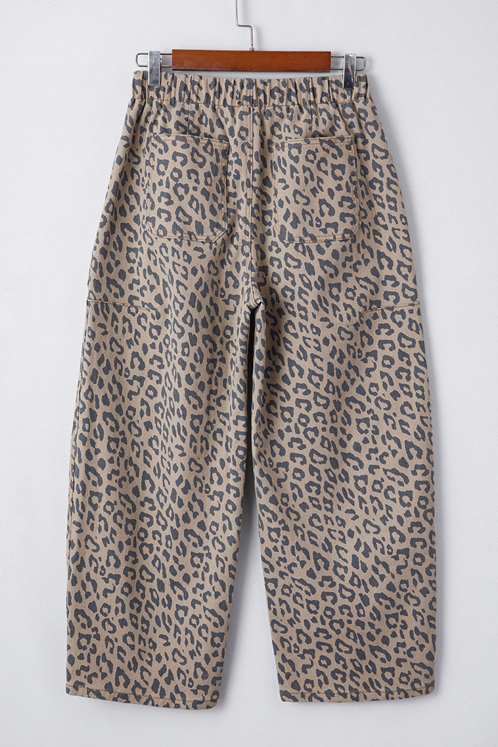 Leopard Printed Drawstring Waist Pocketed Wide Leg Jeans