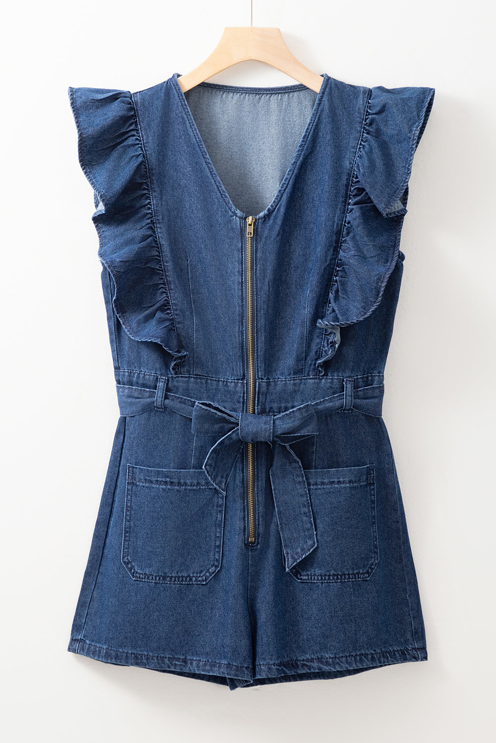 Denim Ruffled Zipped Front Belted Romper