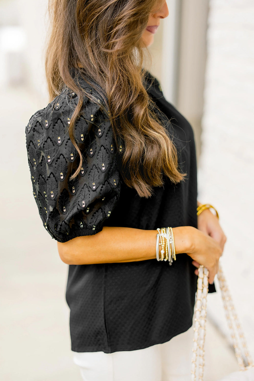 Feather Bubble Sleeve Patchwork Textured Blouse