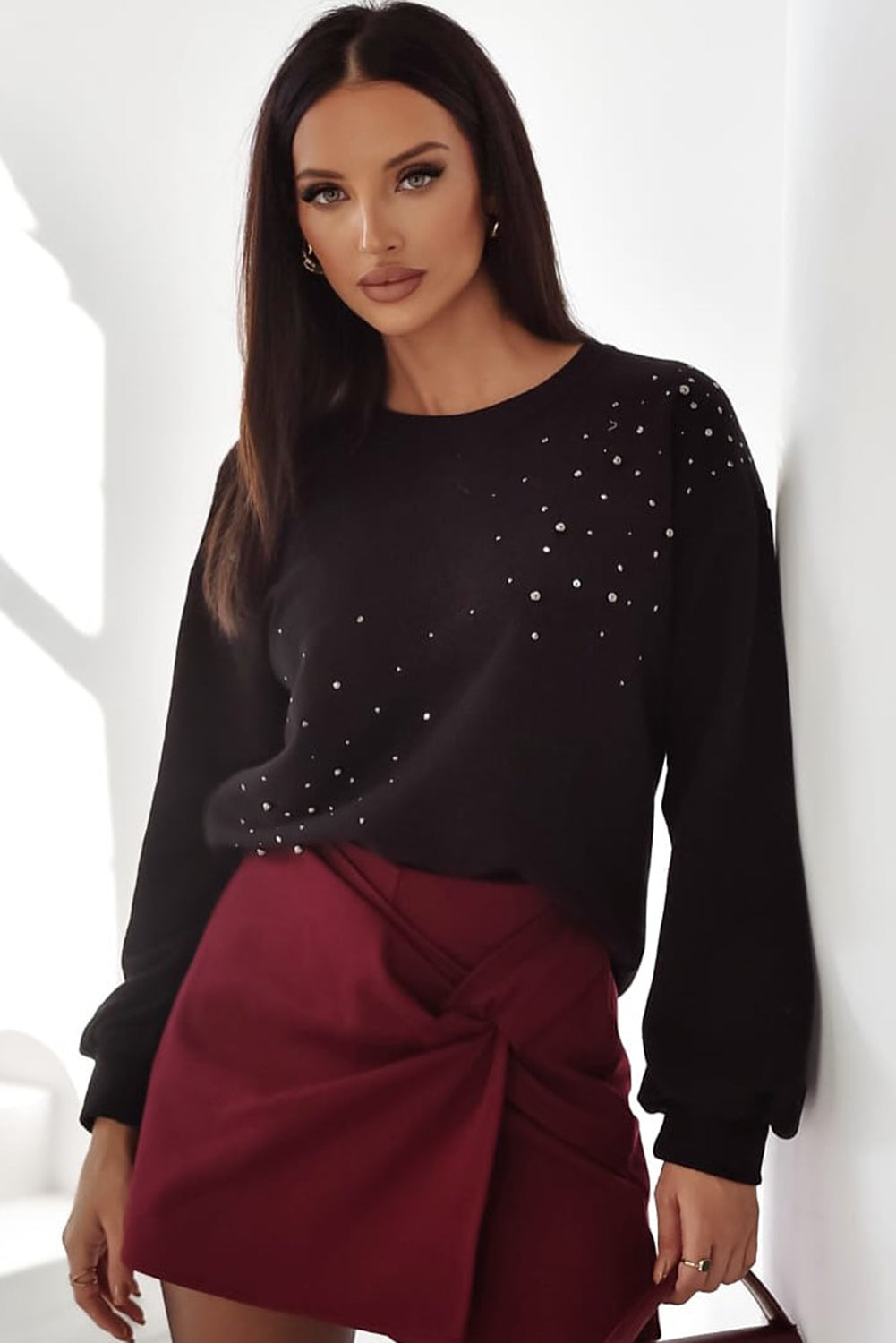 Rhinestone Embellished Drop Shoulder Ribbed Cuffs Sweatshirt