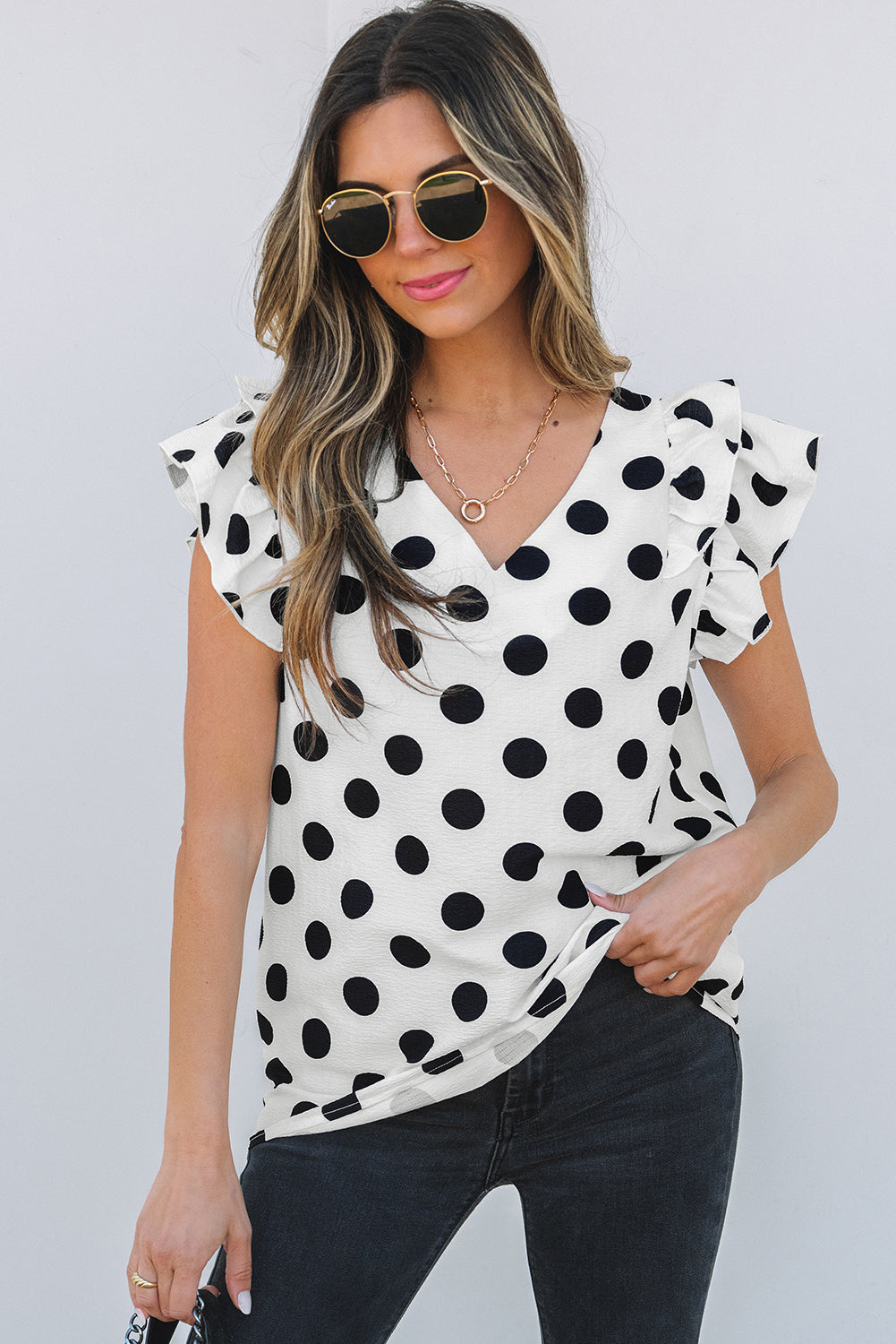 Polka Dot Print Ruffled Sleeve V Neck Blouse