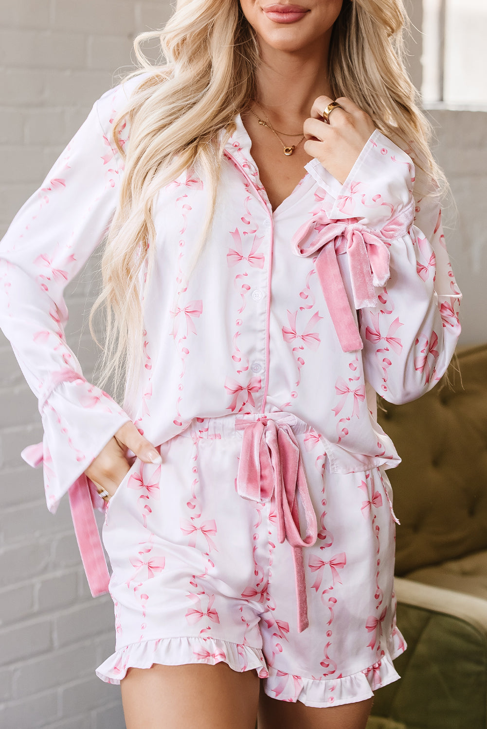 Satin Bow Bell Sleeve Shirt and Ruffled Shorts Pajama Set